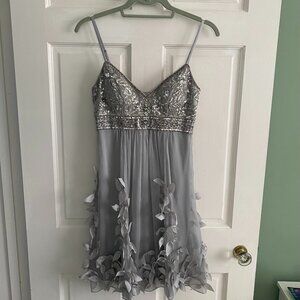 Ethereal Sue Wong Nocturne silver beaded dress with floral embellishments